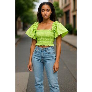 Zara Lime Green Smocked Ruffle Poplin Crop Top With Flutter Sleeves XS
